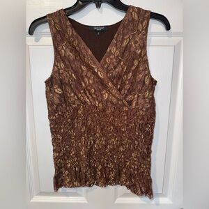 Karen Kane Brown Sleeveless Metallic Leaf-Print Smocked Waist Top